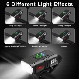 Фара передняя MTB T6 LED, 2xLed 1000LM, 6 функций, USB+Type-C, 800mAH, IP44, пластик, черная