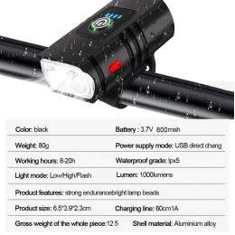 Фара передняя MTB T6 LED, 2xLed 1000LM, 6 функций, USB+Type-C, 800mAH, IP44, пластик, черная
