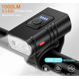 Фара передняя MTB T6 LED, 2xLed 1000LM, 6 функций, USB+Type-C, 800mAH, IP44, пластик, черная
