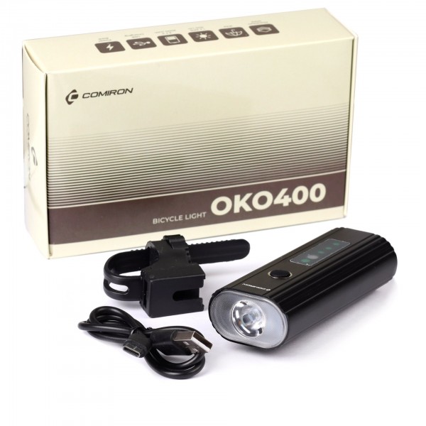 Фонарь передний COMIRON "OKO400" корпус: авиационный алюминий 6063, IP67; свет: 1 XPG, 400lm; аккум: 3.7V 4000 mAh, USB; POWER BANK.