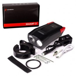 Фонарь передний COMIRON "SMART2" ABS; 2xT6, 800lm; 2000 mAh, USB; ближний/дальний свет сигнал 120Дб. 5 режимов, красный