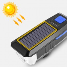Фонарь передний COMIRON "SUN2" корпус ABS IPX4 свет T6, 350lm; аккум 2000 mAh USB сигнал 120Дб влагозащищённый подзарядка от солнца, синий