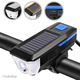 Фонарь передний COMIRON "SUN2" корпус ABS IPX4 свет T6, 350lm; аккум 2000 mAh USB сигнал 120Дб влагозащищённый подзарядка от солнца, синий