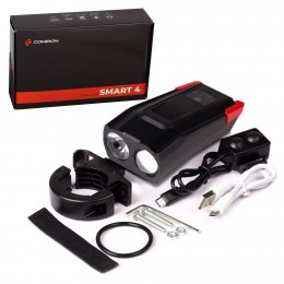 Фонарь передний  интеллектуальный COMIRON "SMART4" ABS; свет: 2xT6, 800lm; 4000 mAh, USB; ближний/дальний свет сигнал 120Дб. 5 режимов красный