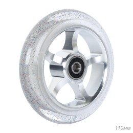 Колесо 110 мм с подшипниками ABEC-9 PU, обод алюминевый JJ-031-110, серебристое/прозрачное