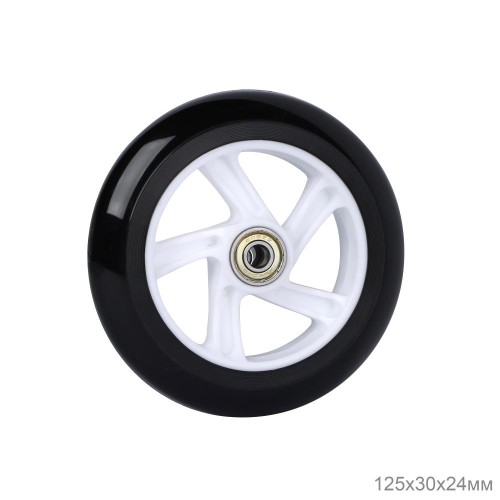 Колесо 125/30/24 мм с 2 подшипниками ABEC-7/SK-125-W для самоката, PU, обод пластиковый, черное/белое