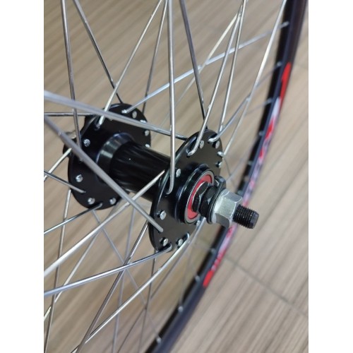 Колесо 26" переднее алюм. двойн. обод, алюм. втулка с пром. подшипниками, гайки, под диск 6 отв., цвет черный (лого VELO) 