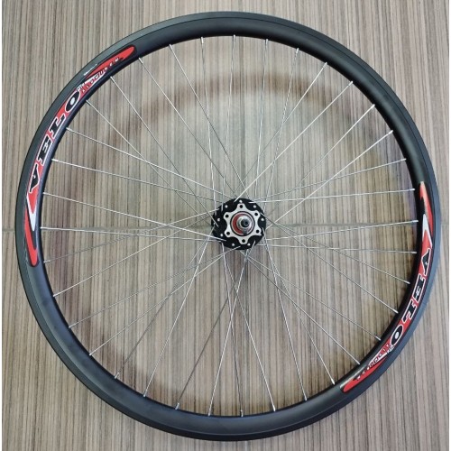 Колесо 26" переднее алюм. двойн. обод, алюм. втулка с пром. подшипниками, гайки, под диск 6 отв., цвет черный (лого VELO) 