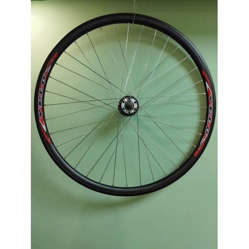 Колесо 28"-29" заднее, алюм. двойн. обод, втулка на пром. подшип., диск. тормоз, под трещотку, на гайках, (лого. VELO), 36 спиц, черное