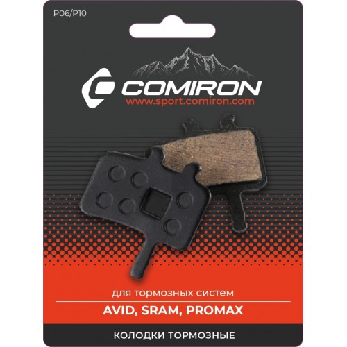 Колодки тормозные органические COMIRON RESIN P06/P10, для: AVID, SRAM, PROMAX, с пружиной, блистер 2 шт.