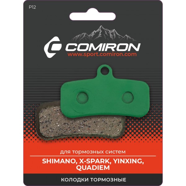 Колодки тормозные органические COMIRON RESIN P12, для тормозных систем: SHIMANO, X-SPARK, YINXING, QUADIEM, с пружиной, блистер 2 шт