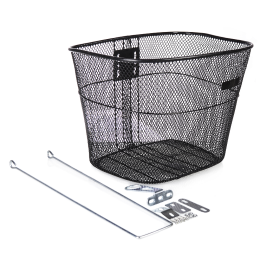 Корзина металлическая 1DVMI-1, с креплением на переднее колесо под резьбовую вилку, 2 кронштейна, серебристый ус, черная