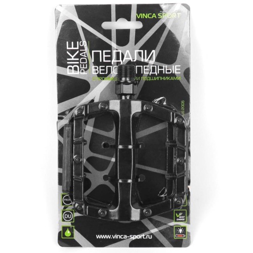 Педали алюминиевые на пром. и DU подшипниках, ось 9/16", черные, инд.уп. Vinca Sport
