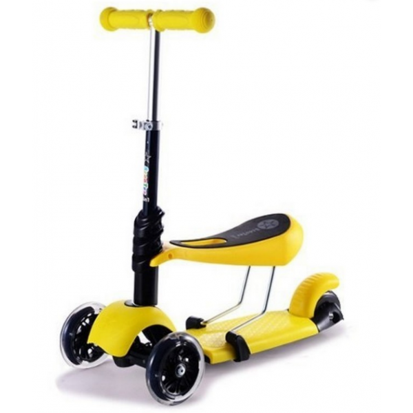 Самокат EVO Kids 3в1 со светящимися колесами и съемным регулируемым сиденьем, желтый 