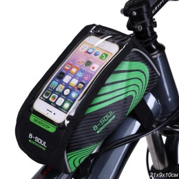 Сумка на раму BICYCLE SOUL TPU стенки корпуса с отделением для смартфона, основной отсек на липучке velcro, 21х9х10см, чёрно-зелёная